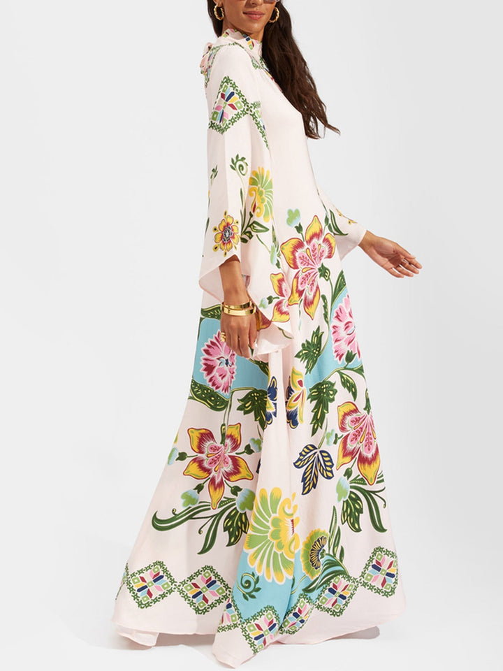 Boho Long Dress with Flowers and Long Sleeves