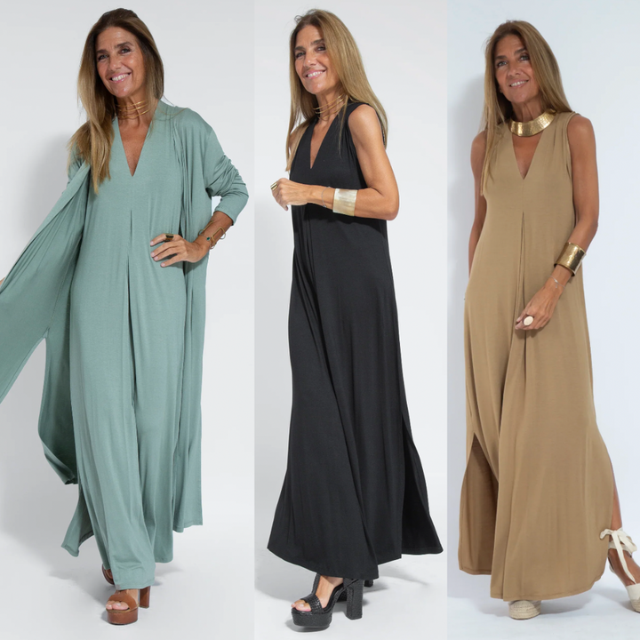 Solana - Ensemble consisting of a long, figure-hugging dress and a vest