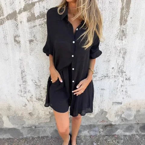 Nora   | Casual set with a simple blouse and shorts