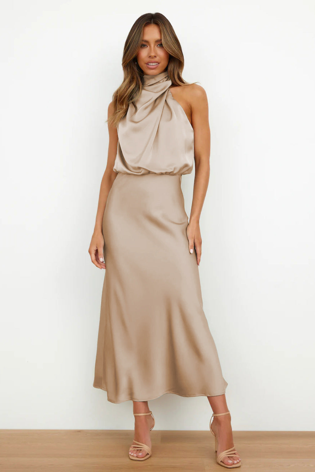 Valeria | Long satin slip dress with halter neck
