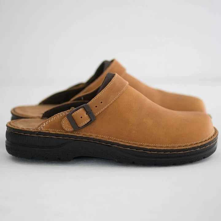 Milano | Men's Buckled Slip-On Clogs – Brown Leather Look
