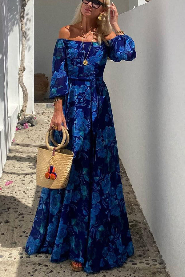 Long Floral Dress with Open Shoulders – Vacation Elegance