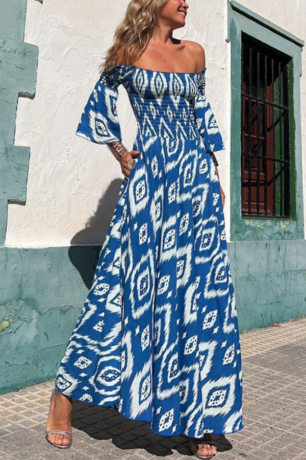Long Dress with Ethnic Print and Open Shoulders – Ready for Vacation