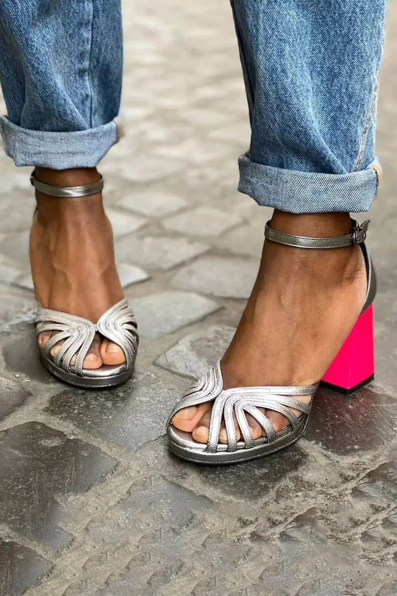 Naelle | Shiny Sandals with Wide Heel and Elegant Buckle