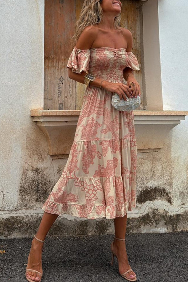 Midi Dress with Off-the-Shoulder Design and Romantic Print – Pitaya