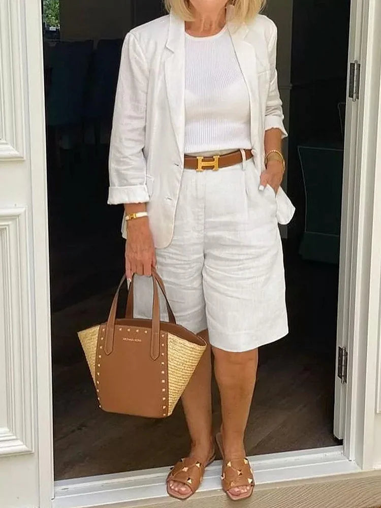 Karin | Elegant Linen Blend Co-ord – Short Blazer & Knee-Length Shorts
