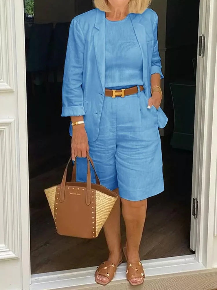 Karin | Elegant Linen Blend Co-ord – Short Blazer & Knee-Length Shorts