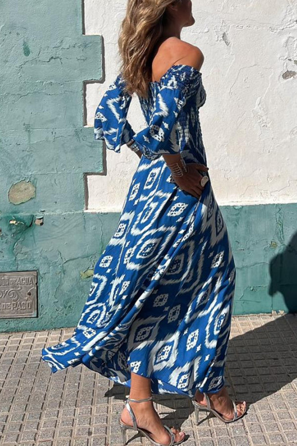 Long Dress with Ethnic Print and Open Shoulders – Ready for Vacation