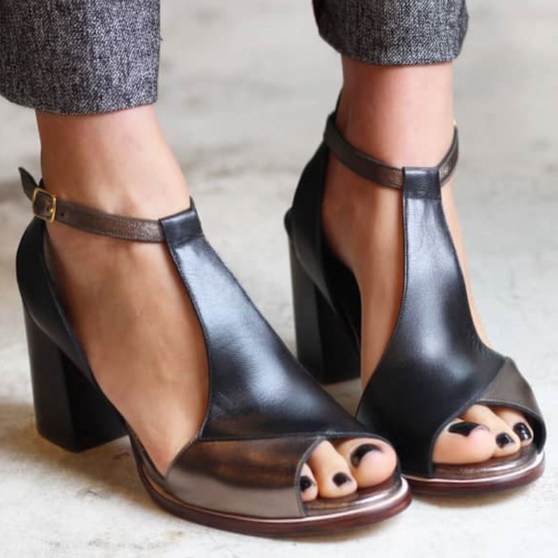 Anyao | High-heeled open-toe mules in black patchwork