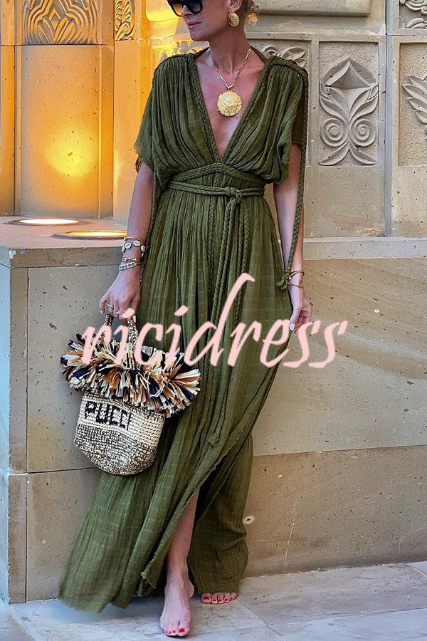 Kiara - Kimono Maxi Dress in Linen Blend in Greek Style with Braids and Slit