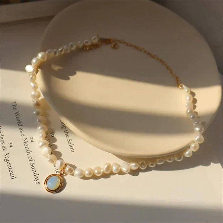 Gold Pearl Necklace with Moonstone
