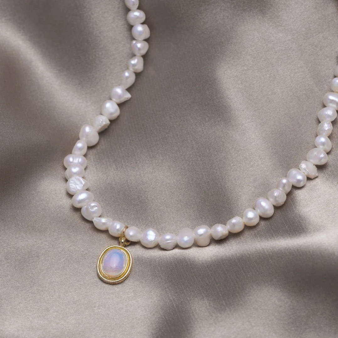 Gold Pearl Necklace with Moonstone