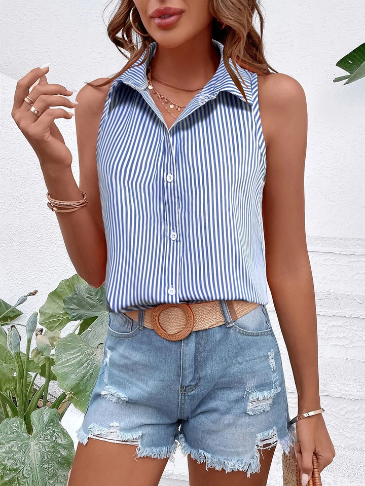 Delphine | Striped Sleeveless Collared Shirt