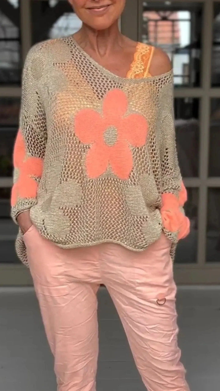 V-neck knitted blouse with floral pattern