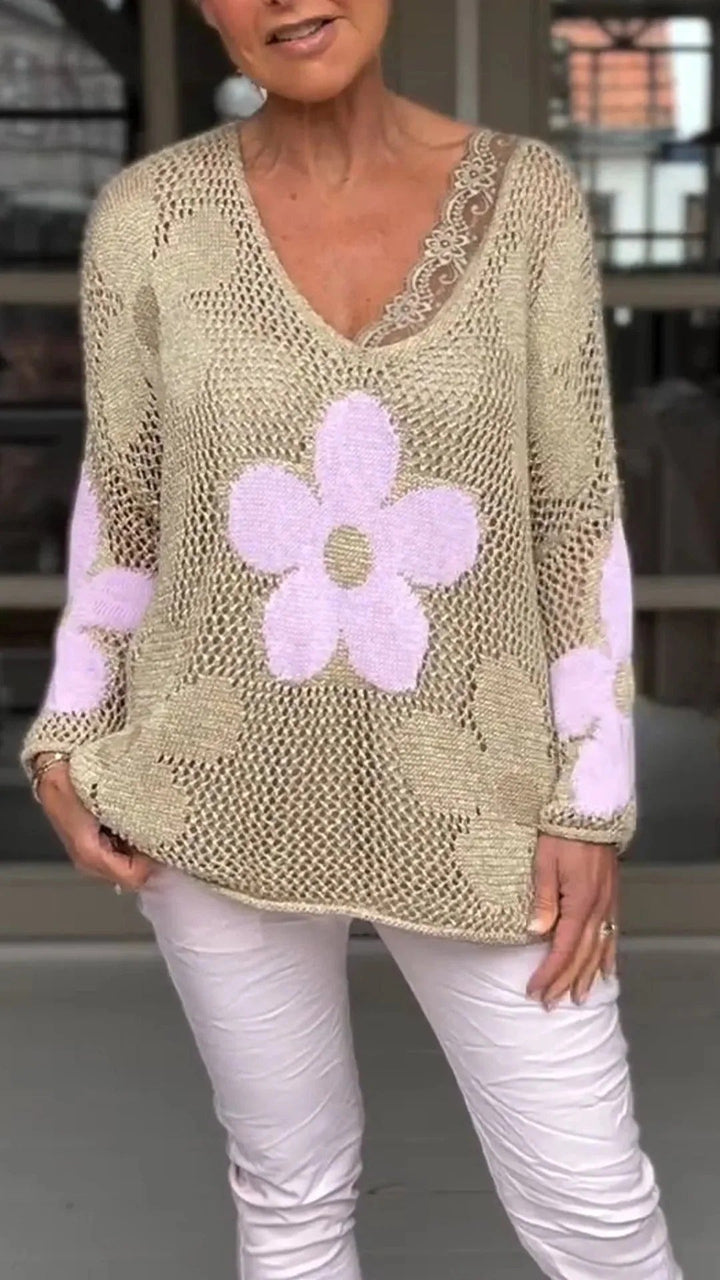 V-neck knitted blouse with floral pattern