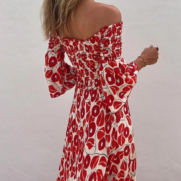 Long Dress with Open Shoulders and Floral Print – Elegance and Summer Freshness