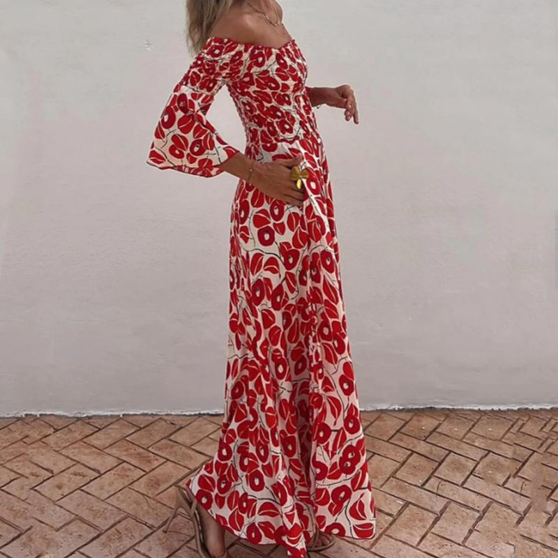 Long Dress with Open Shoulders and Floral Print – Elegance and Summer Freshness