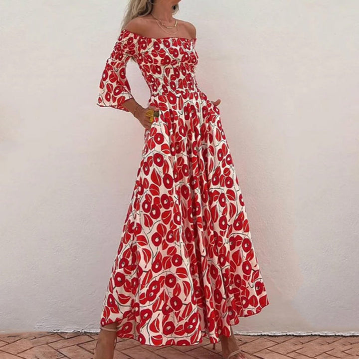 Long Dress with Open Shoulders and Floral Print – Elegance and Summer Freshness
