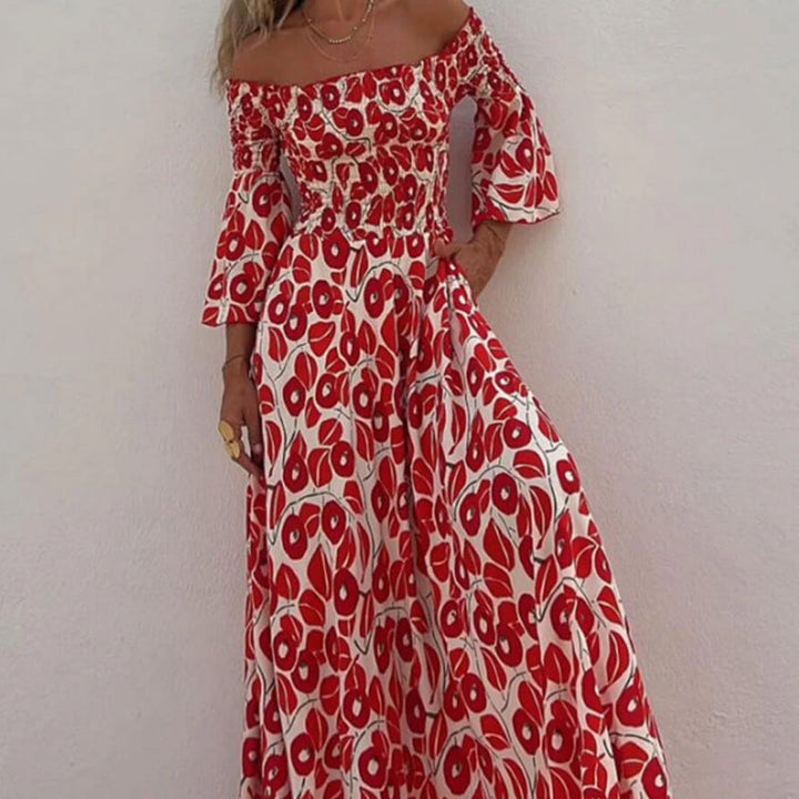 Long Dress with Open Shoulders and Floral Print – Elegance and Summer Freshness