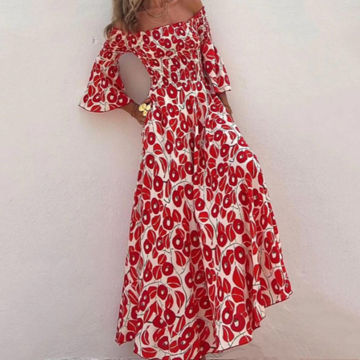 Long Dress with Open Shoulders and Floral Print – Elegance and Summer Freshness