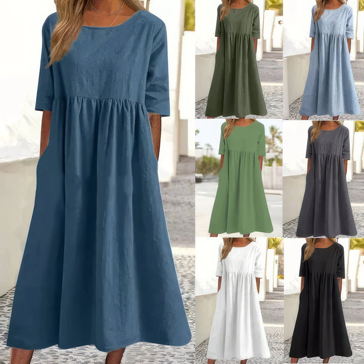 Menorca Cotton Dress with Round Neck and Pockets