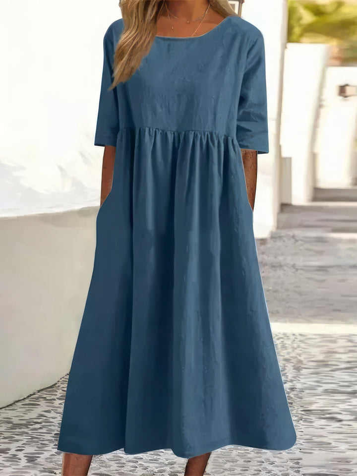 Menorca Cotton Dress with Round Neck and Pockets
