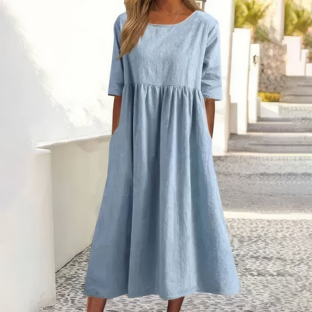 Menorca Cotton Dress with Round Neck and Pockets