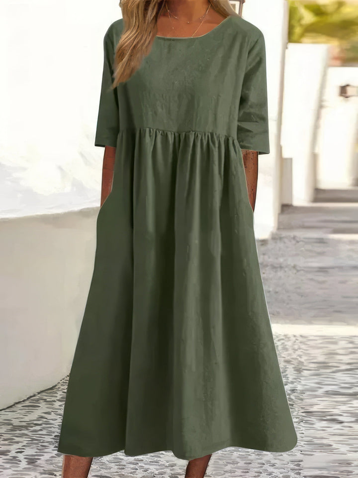 Menorca Cotton Dress with Round Neck and Pockets